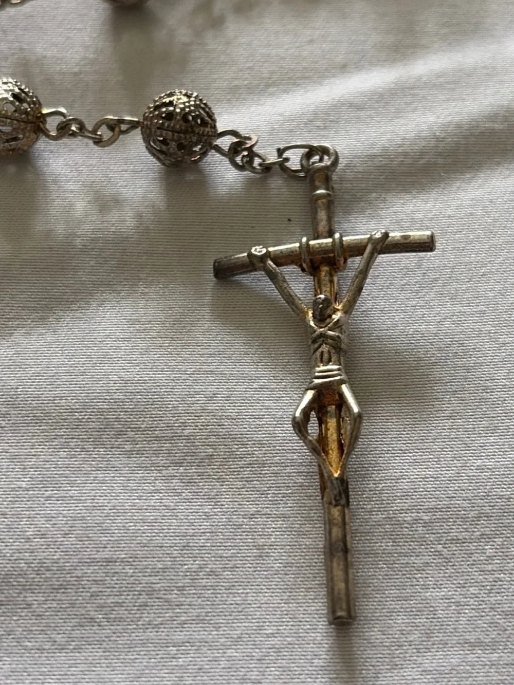 Vintage Filigree Bead Rosary Necklace in Silver Tone